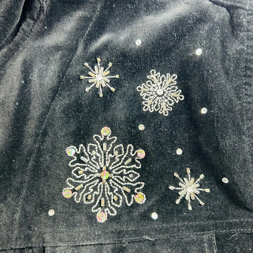 Quacker Factory Black Velvet Snowman Jacket Beaded Snowflake Christmas Large